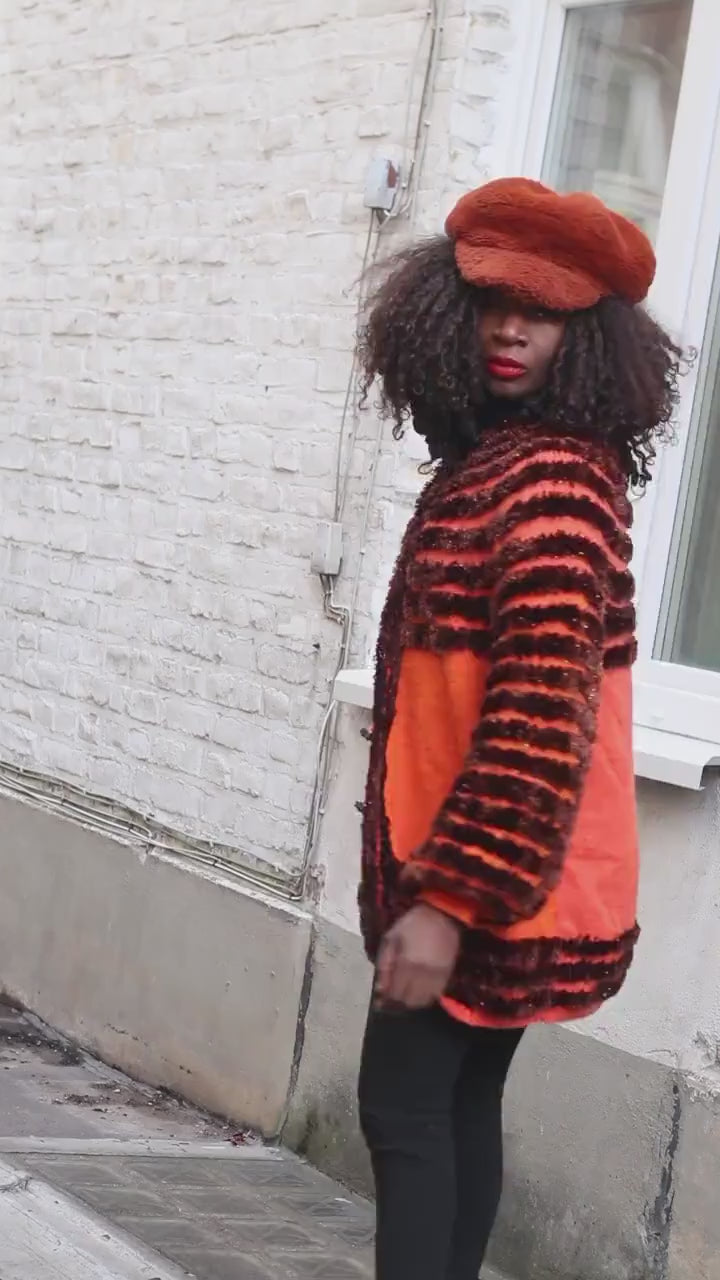 Vintage Orange Brown Striped Cardigan| Faux Fur Texture Chunky Knit Sweater Coat