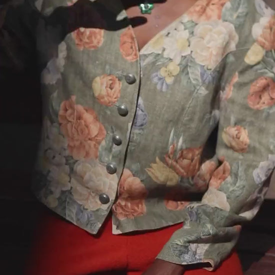 80s Linen Floral Blazer | Vintage Women's Maximalist Blazer| Cropped Bold Print suit jacket