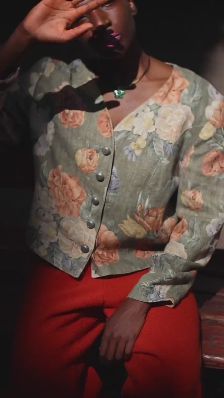 80s Linen Floral Blazer | Vintage Women's Maximalist Blazer| Cropped Bold Print suit jacket