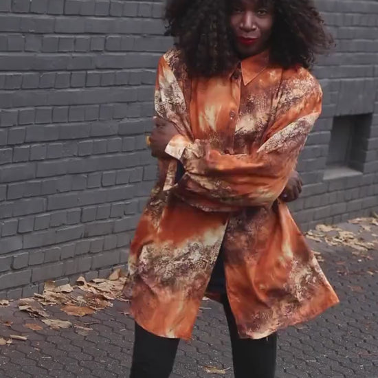 Vintage 90s Animal Print Blouse Orange Shirt Dress Oversized Long Shirt