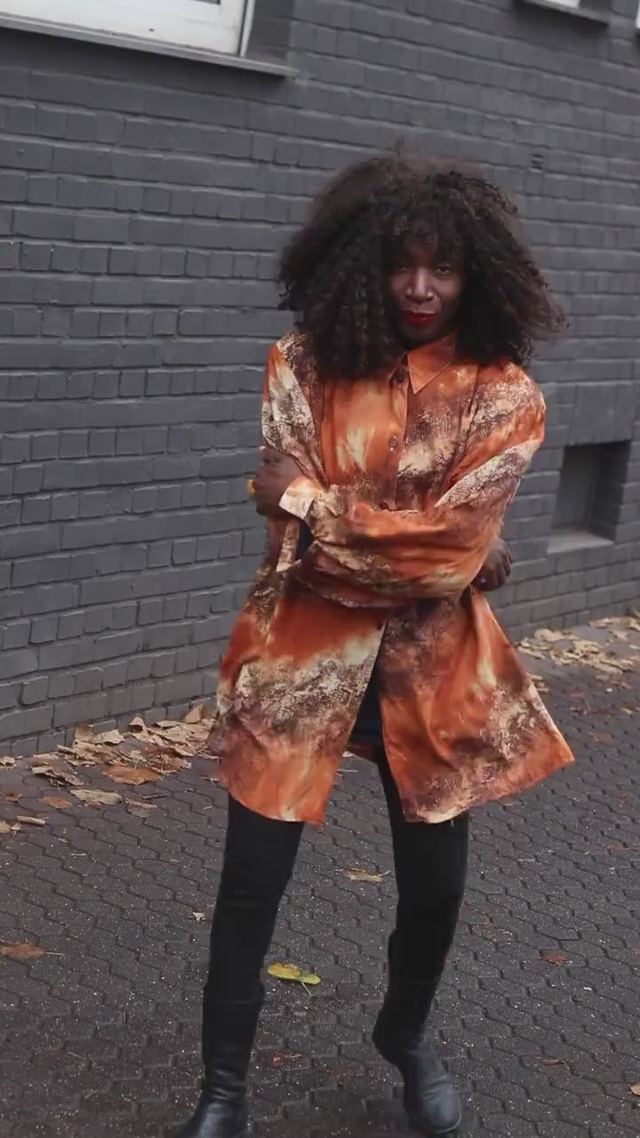 Vintage 90s Animal Print Blouse Orange Shirt Dress Oversized Long Shirt