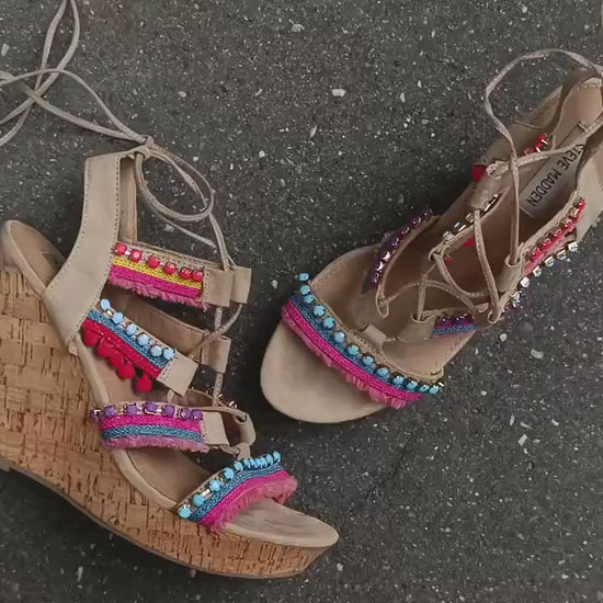 Y2K Steve Madden Wedges | Vintage Embellished Cork Platform Sandals| Boho Festival Shoes | Colorful Strappy Heels | 2000s Statement Footwear