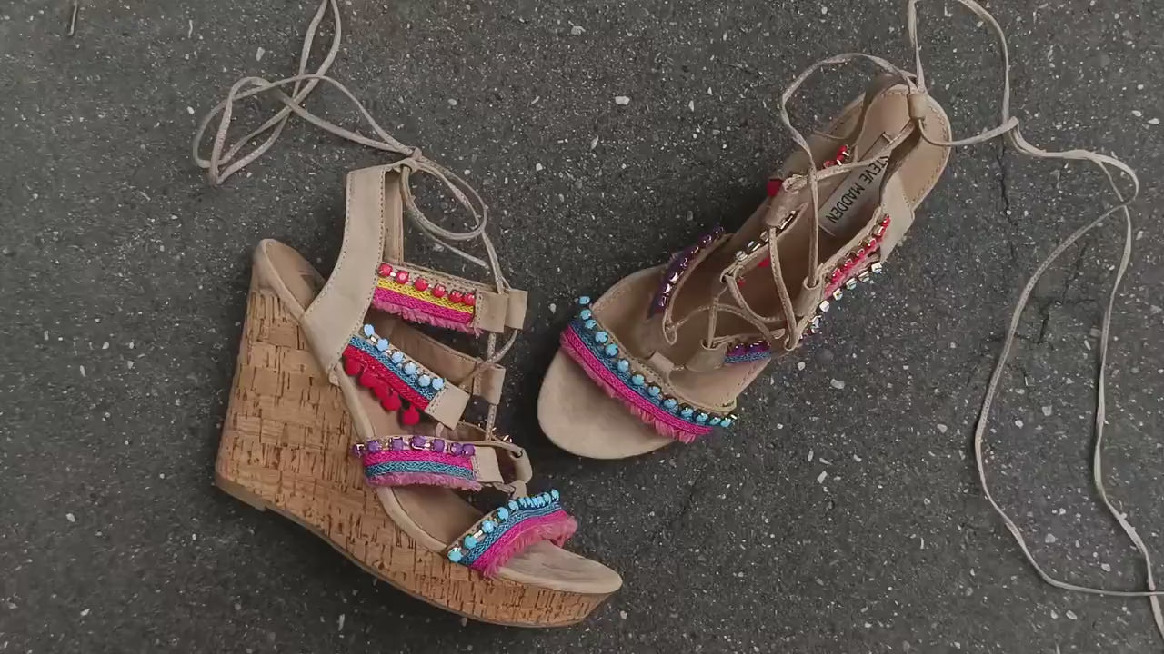 Y2K Steve Madden Wedges | Vintage Embellished Cork Platform Sandals| Boho Festival Shoes | Colorful Strappy Heels | 2000s Statement Footwear