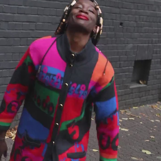 Vintage Rabe Knit Cardigan 80s 90s Sweater Dress Colorful Oversize Graphic Patchwork