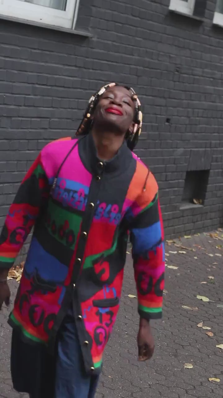 Vintage Rabe Knit Cardigan 80s 90s Sweater Dress Colorful Oversize Graphic Patchwork