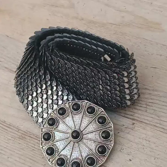 Vintage Metallic 80s Waist Belt with Black Stone Buckle | Statement Reflective Scale Texture | Disco Glam Party Accessory