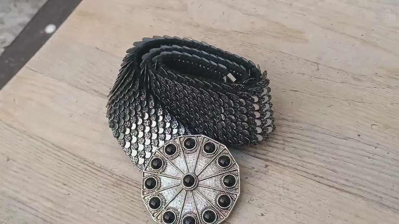 Vintage Metallic 80s Waist Belt with Black Stone Buckle | Statement Reflective Scale Texture | Disco Glam Party Accessory