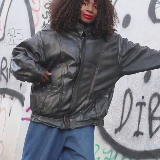 Vintage Black Leather Jacket| 80s Streetwear Baggy Moto Coat