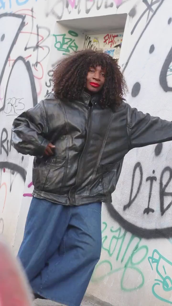 Vintage Black Leather Jacket| 80s Streetwear Baggy Moto Coat