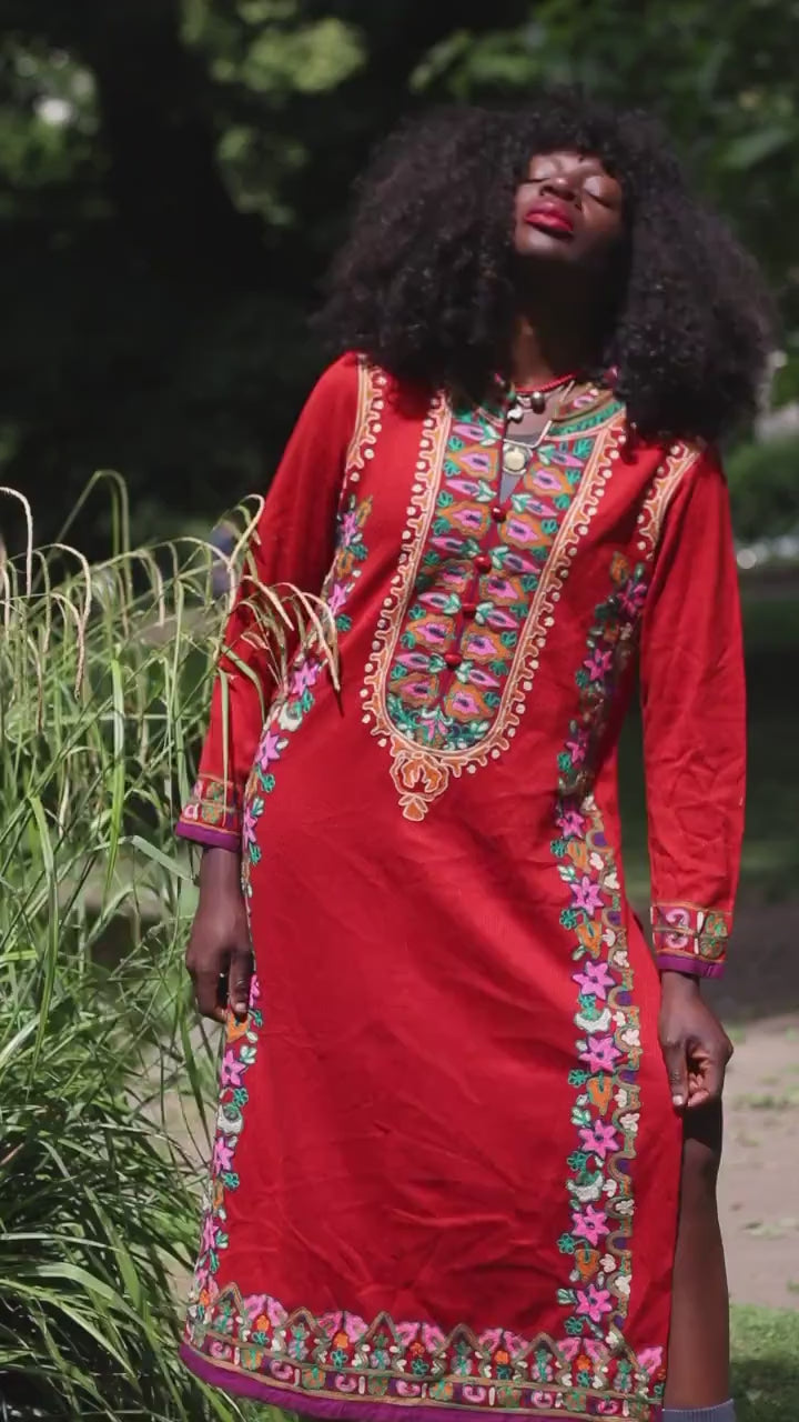 Vintage 70s Boho Red Embroidered Maxi Dress | Ethno Folk Festival Dress | Hippie Summer Dress S/M