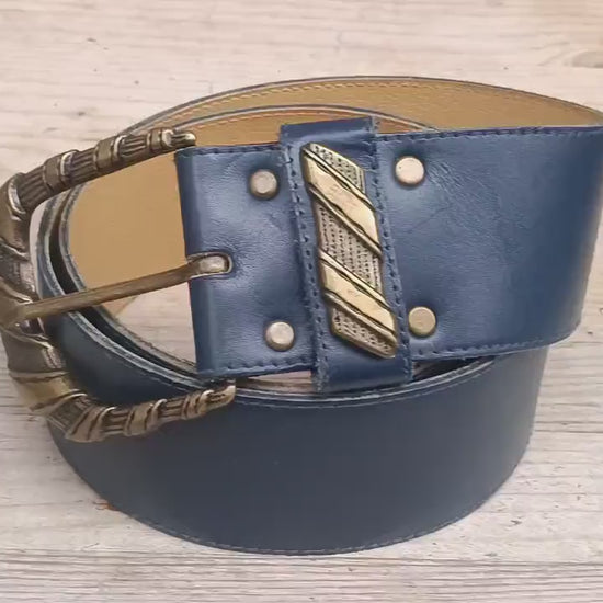 Vintage Leather Belt with Ornate Gold Buckle | Blue Wide Waist Cinch Belt | Retro Statement Accessory