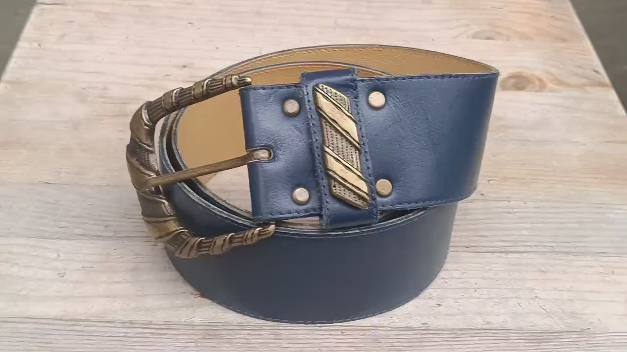 Vintage Leather Belt with Ornate Gold Buckle | Blue Wide Waist Cinch Belt | Retro Statement Accessory