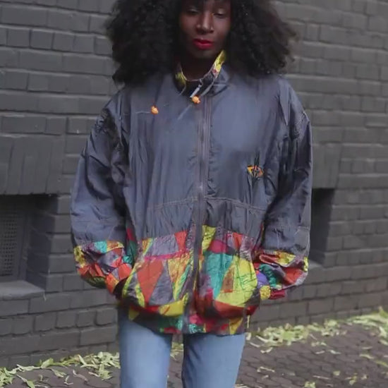 Vintage 90s Windbreaker Jacket Color Block Nylon Zip Up | Unisex Streetwear Retro Festival Coat | Bold Graphic Lightweight Outerwear