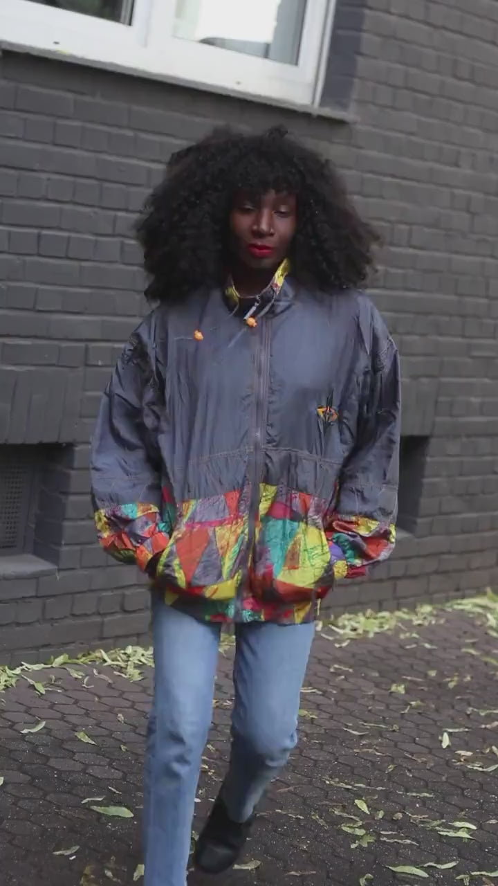 Vintage 90s Windbreaker Jacket Color Block Nylon Zip Up | Unisex Streetwear Retro Festival Coat | Bold Graphic Lightweight Outerwear