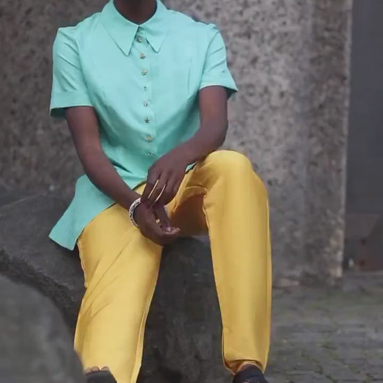 90s Laurel Silk Tunic | Vintage Torqouise Blouse with Statement Buttons | Elegant buttoned down design
