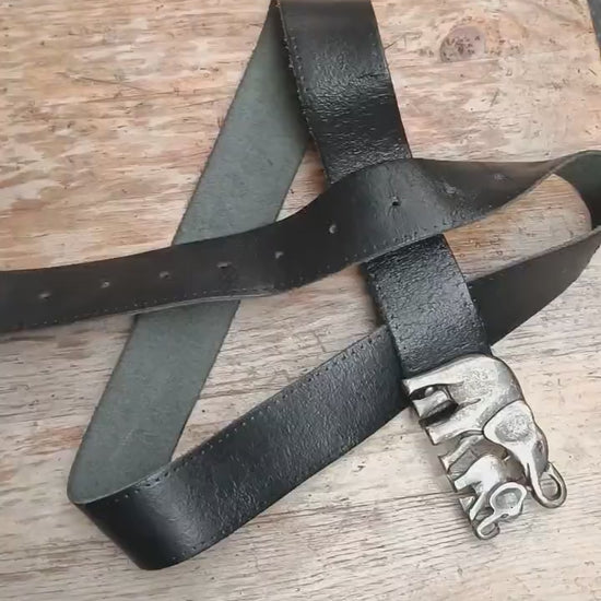Elephant Buckle Vintage Leather Belt | Handmade Boho Chic Accessory | Mystical Animal Symbolism | Black Waist Belt