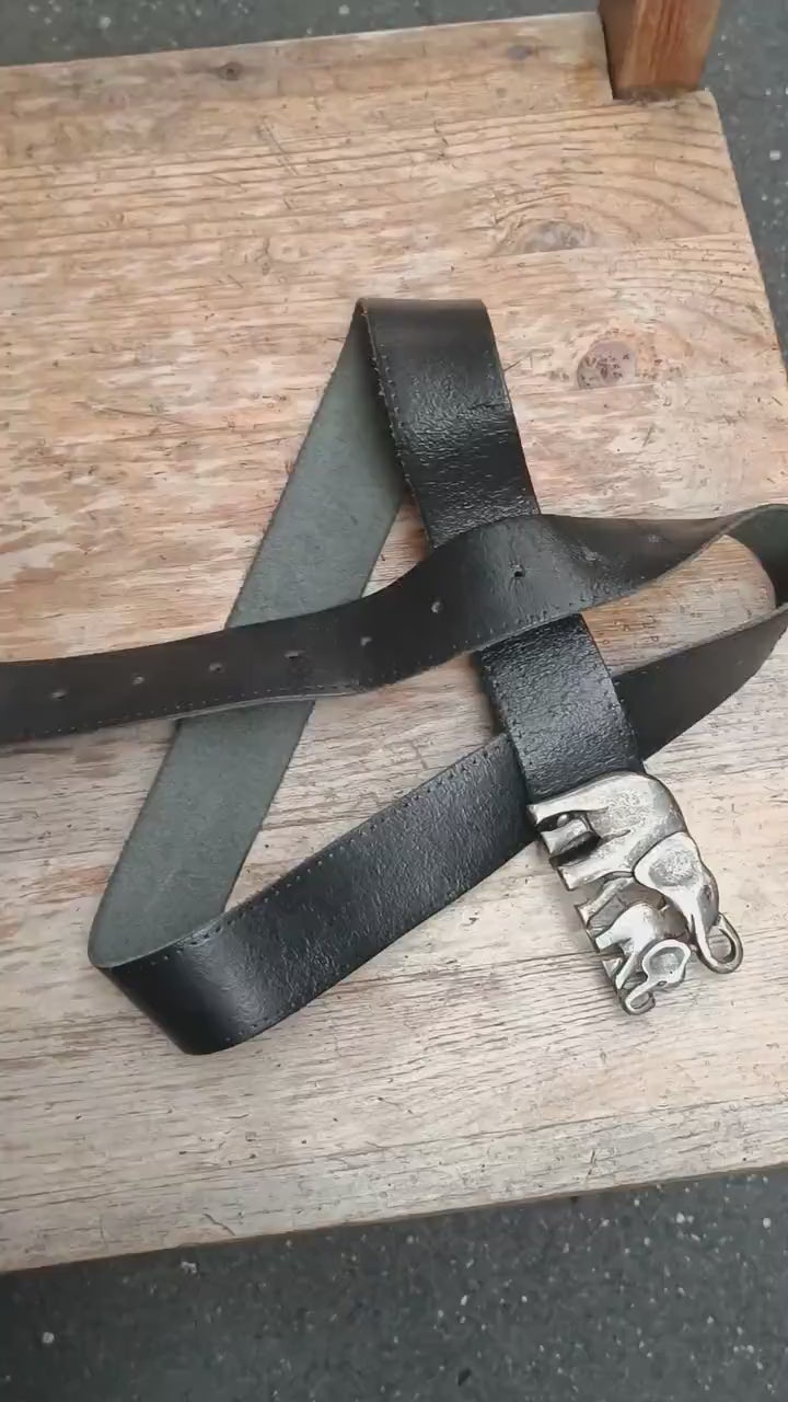 Elephant Buckle Vintage Leather Belt | Handmade Boho Chic Accessory | Mystical Animal Symbolism | Black Waist Belt