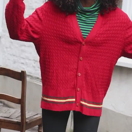 Vintage Red College Style Cardigan Sweater Textured Knit Bright Stripe