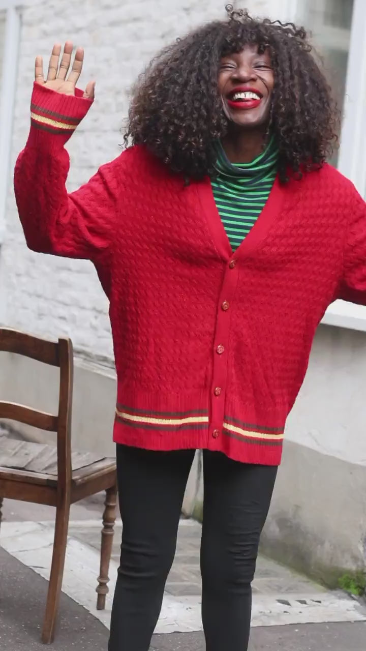 Vintage Red College Style Cardigan Sweater Textured Knit Bright Stripe