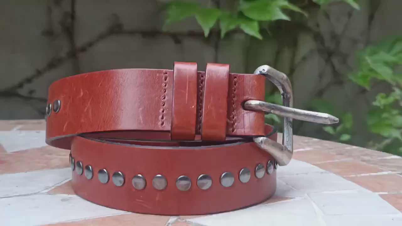 Vintage Studded Leather Belt | Brown Western Rocker Belt | Unisex Statement Accessory | Punk Cowgirl Style