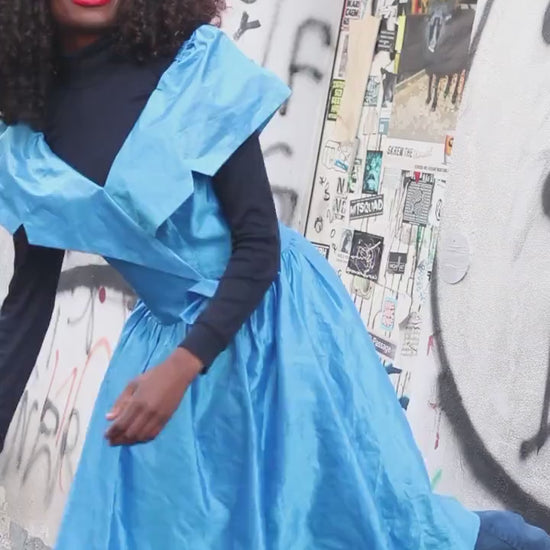 Vintage 80s Blue Taffeta Party Dress: Fit and Flare, Portrait Collar