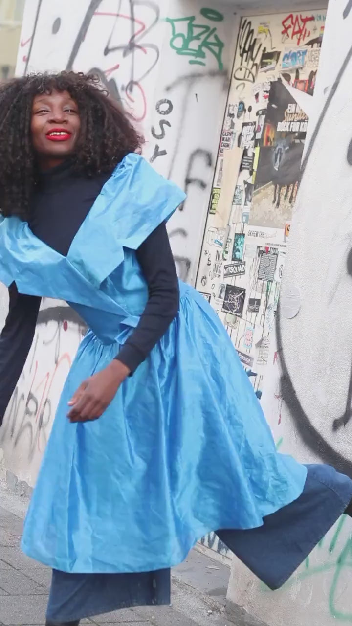 Vintage 80s Blue Taffeta Party Dress: Fit and Flare, Portrait Collar