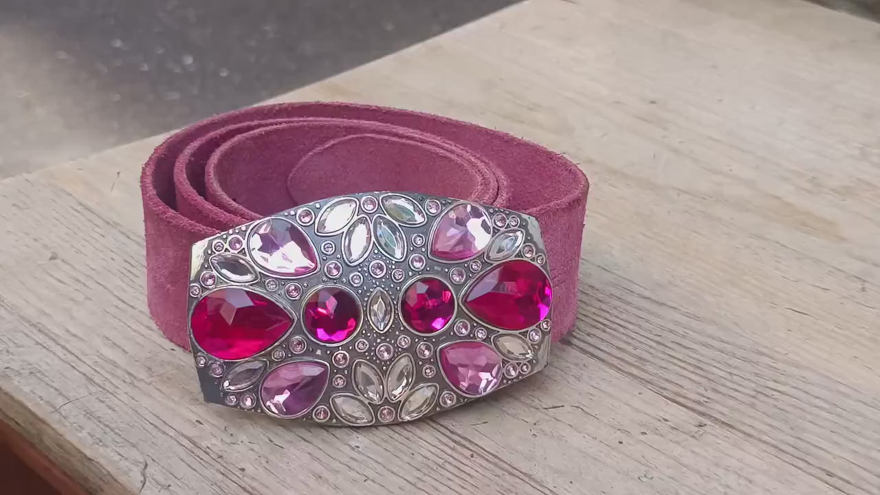 Vintage Pink Suede Esprit Belt | Y2K Statement Gem Buckle | Magenta Leather Waist Belt | Made in Italy | 2000s Glam Accessory