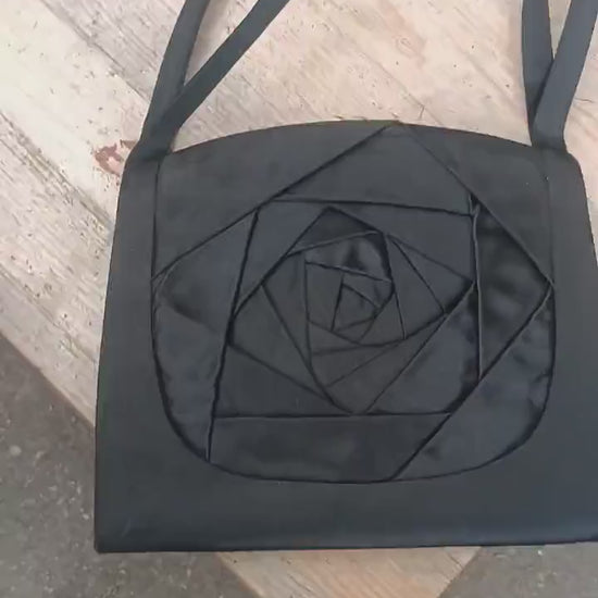 Vintage Black Avant-Garde Rose Bag | Handmade Origami Satin Shoulder Bag | Unique Evening Purse | Geometric Floral Design