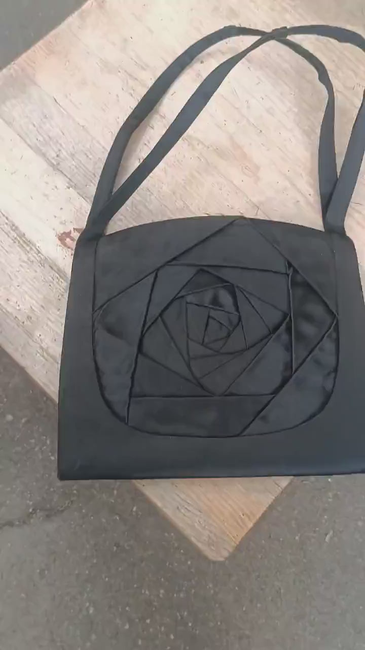Vintage Black Avant-Garde Rose Bag | Handmade Origami Satin Shoulder Bag | Unique Evening Purse | Geometric Floral Design