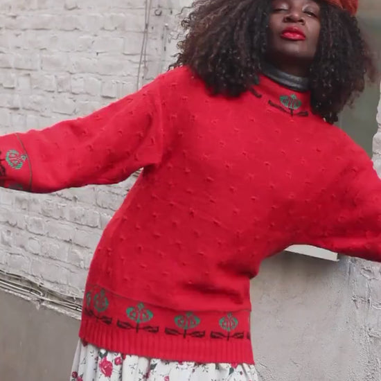 Vintage Red Knit Sweater | 90s Floral Border Oversized Retro Pullover| Boho Flower Pattern Jumper