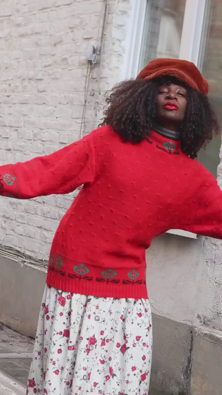 Vintage Red Knit Sweater | 90s Floral Border Oversized Retro Pullover| Boho Flower Pattern Jumper