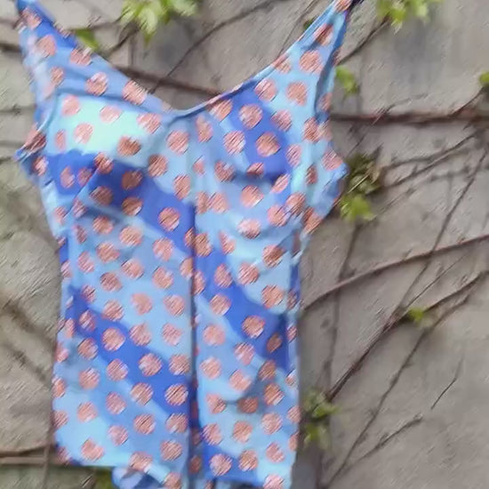 70s Leaf Print Swimming Suit| Vintage Quirky Print One Piece Beachwear| Blue Whimsical Plus Size Bathing Suit