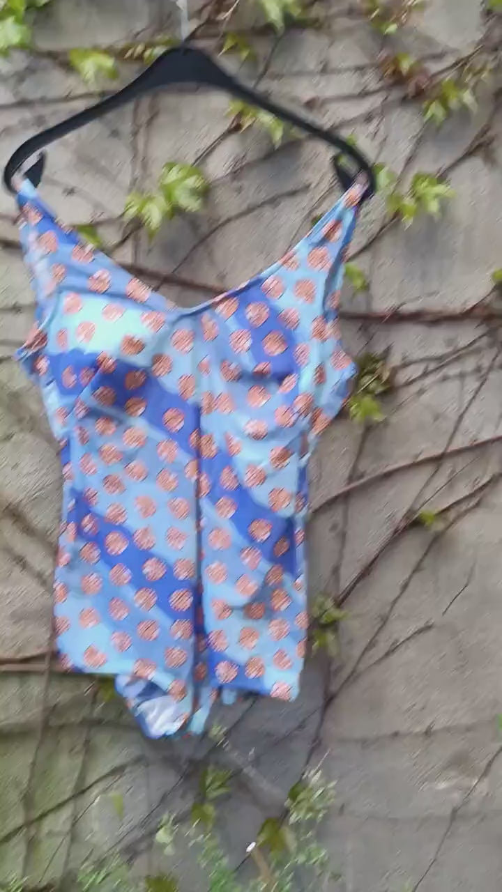 70s Leaf Print Swimming Suit| Vintage Quirky Print One Piece Beachwear| Blue Whimsical Plus Size Bathing Suit