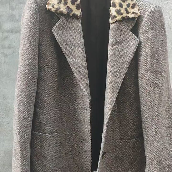 70s handmade blazer with animal print collar| Vintage tailored leopard detailed coat design