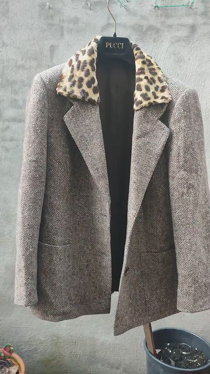 70s handmade blazer with animal print collar| Vintage tailored leopard detailed coat design