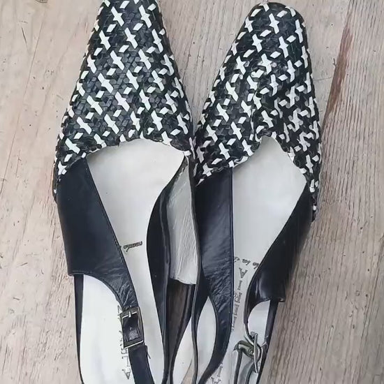 Vintage Leather Slingbacks| Minimalist Black and White Pumps| 90s Alexandria  Italian Monochrome Chic Woven Pointed Toe Sandals  UK5