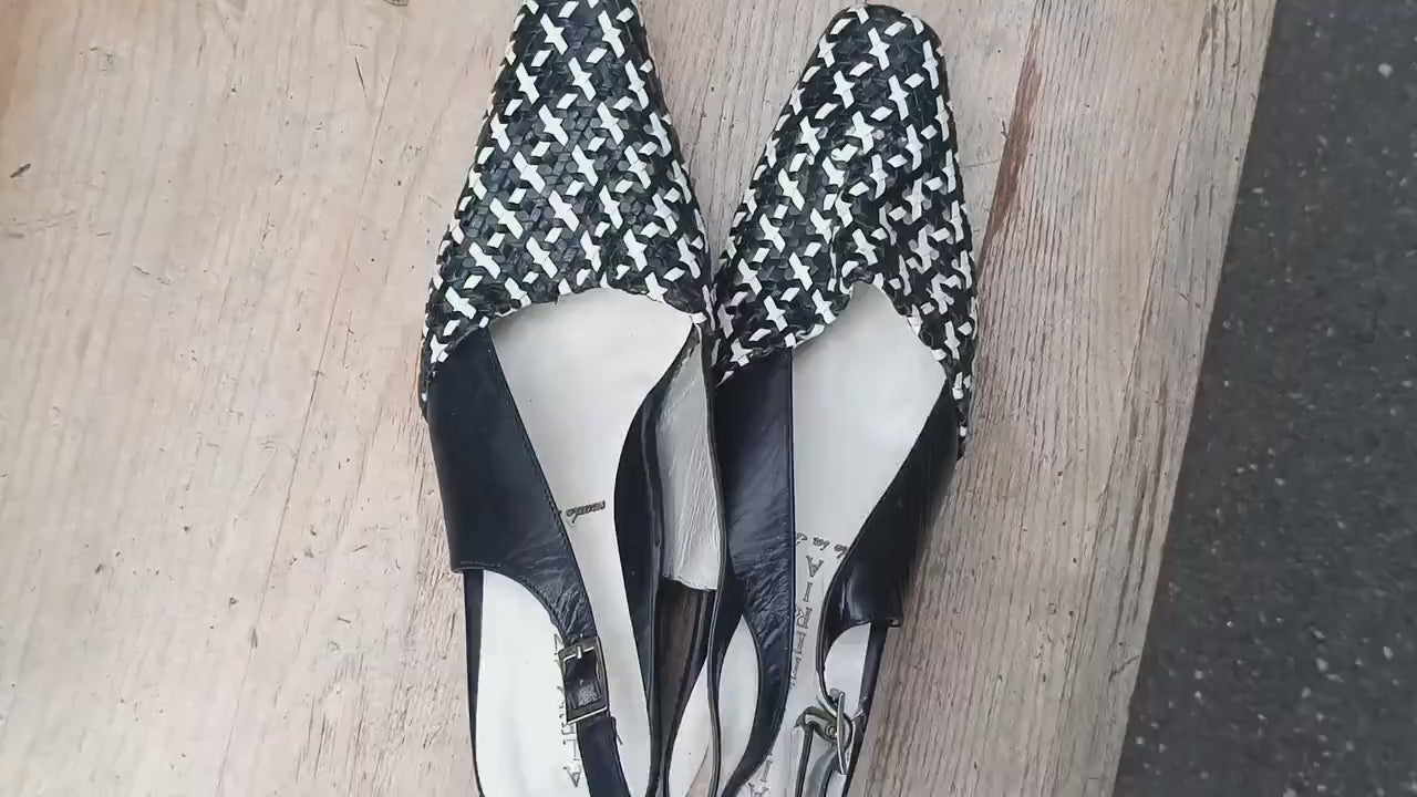 Vintage Leather Slingbacks| Minimalist Black and White Pumps| 90s Alexandria  Italian Monochrome Chic Woven Pointed Toe Sandals  UK5