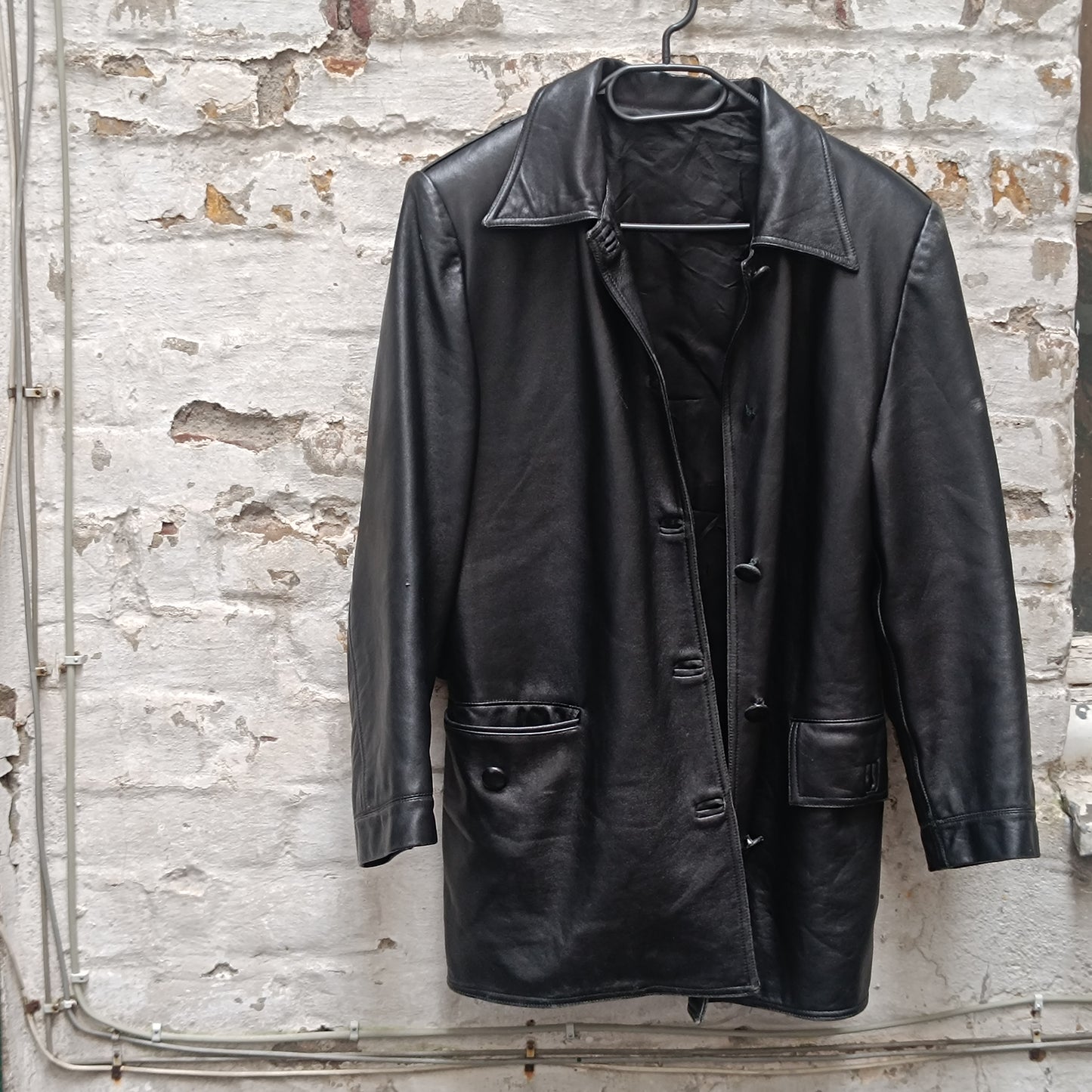 Vintage Leather Jacket 90s Black Leather Trench Coat Matrix Minimalist Shacket