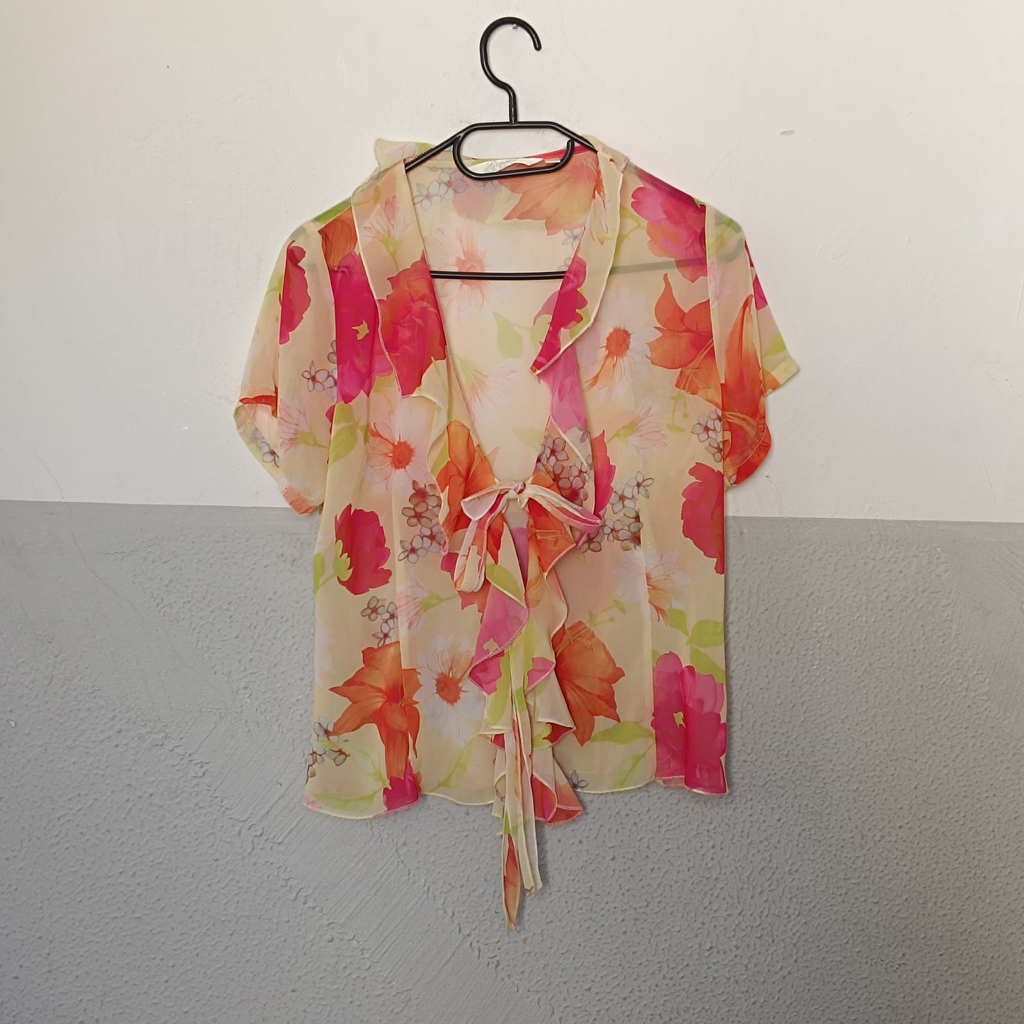Vintage Gimaud Y2K Sheer Floral Ruffle Blouse - Pink & Orange Chiffon Top