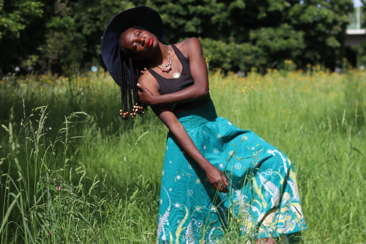 Vintage 90s Teal Patterned Boho Maxi Skirt - High Waist Cotton Festival Skirt
