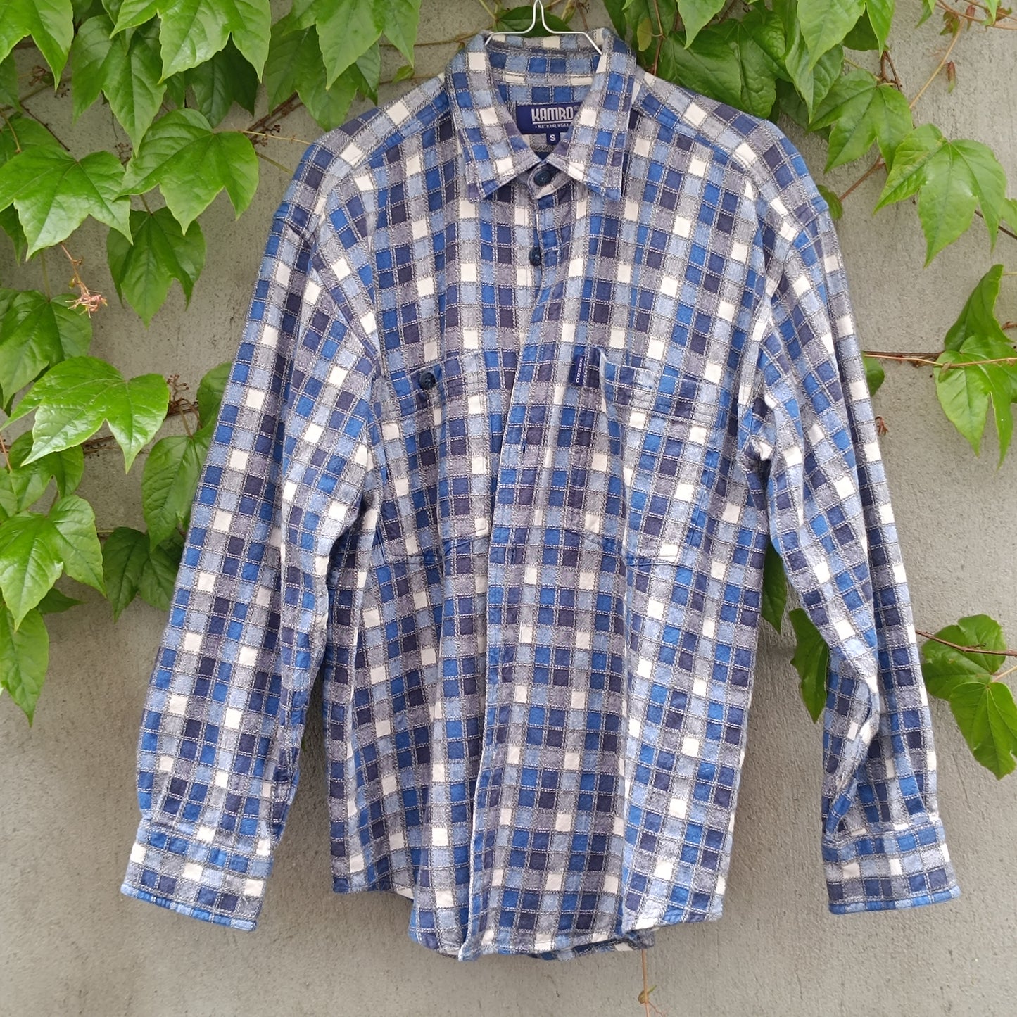 Vintage Kamro Plaid Flannel Shirt Blue White Oversized Cotton 90s