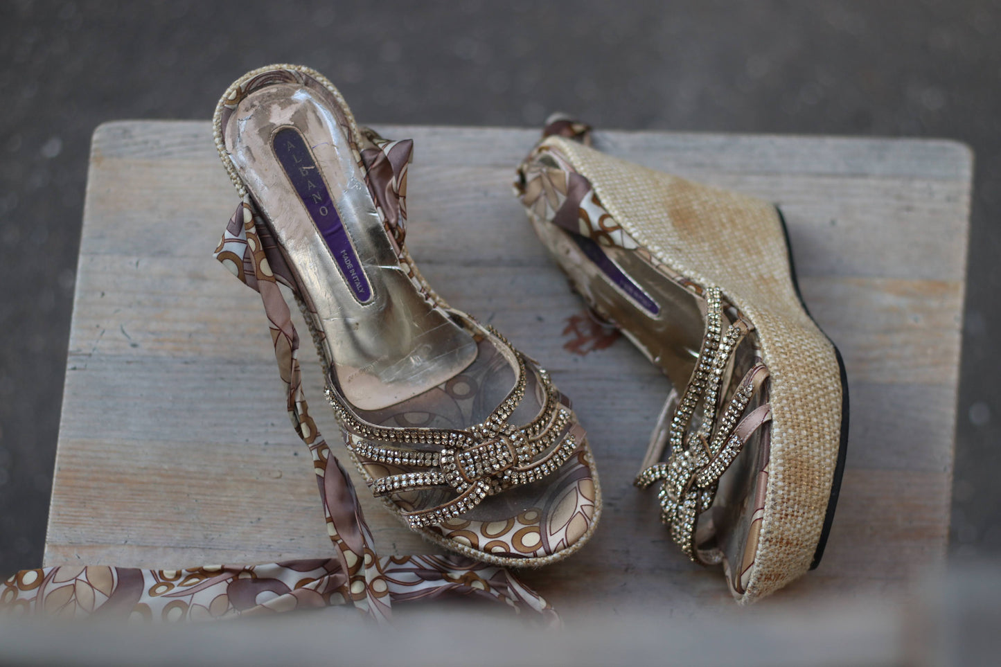Y2k Vintage Gold Swirl Wedges| Vintage Summer Espadrille with Ribbon Ankle Ties| Rhinestone Accents Disco Platform Shoes