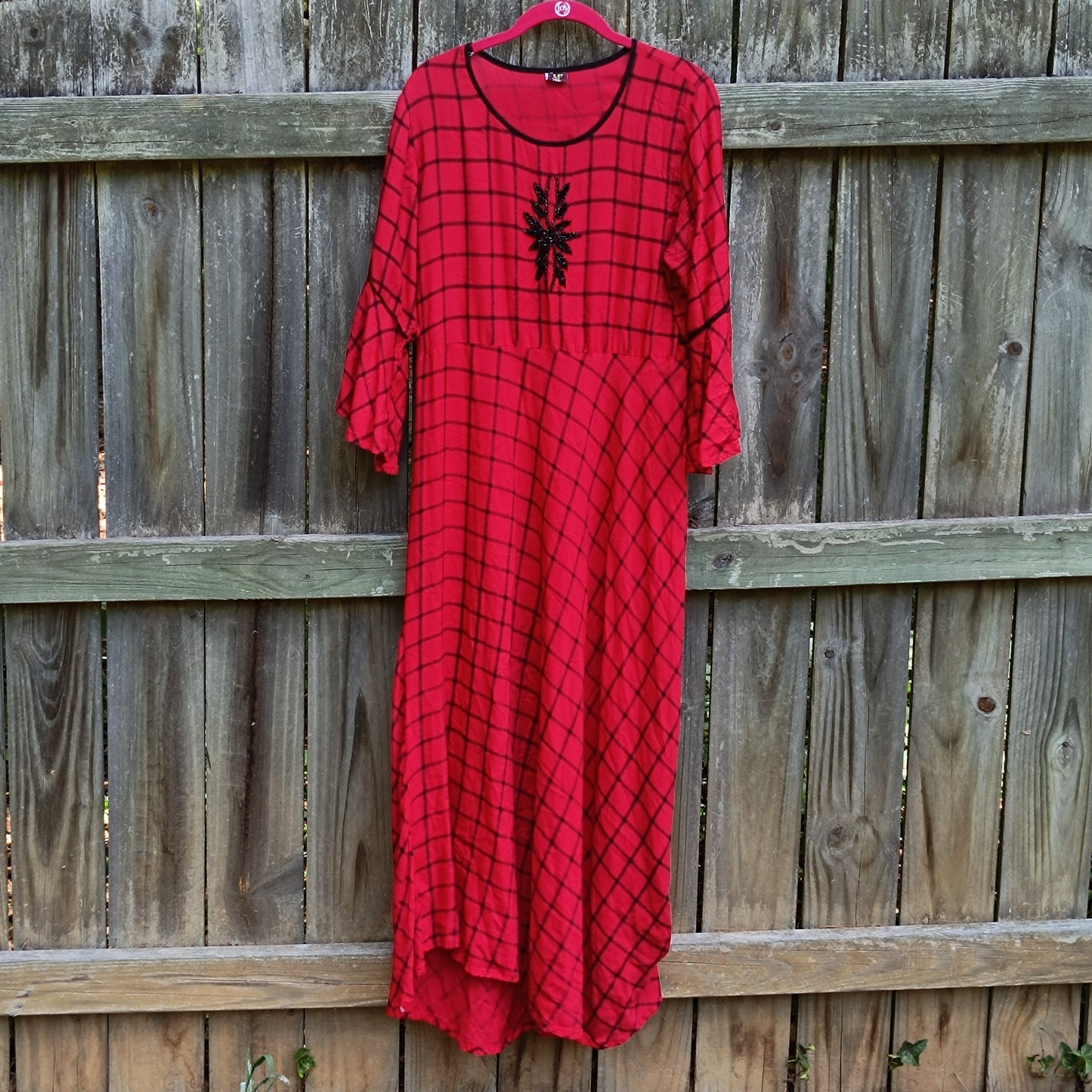 Vintage 1990s Red Plaid Bell Sleeve Maxi Dress