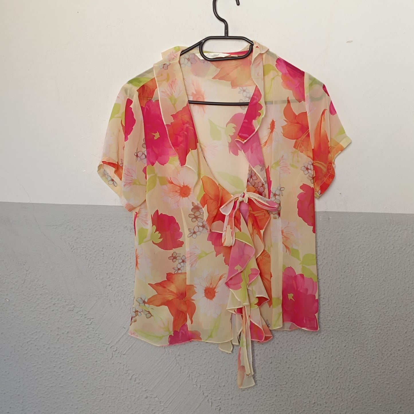Vintage Gimaud Y2K Sheer Floral Ruffle Blouse - Pink & Orange Chiffon Top