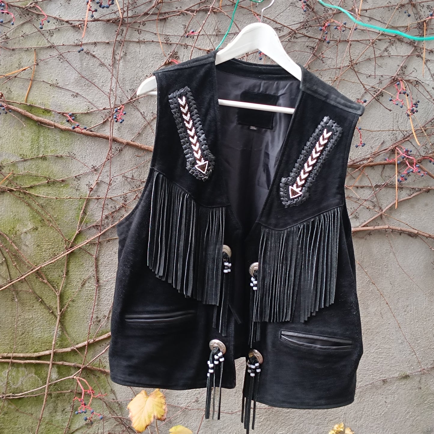 Vintage Suede Fringe Vest Black | Embroidered Western Boho Unisex Waistcoat