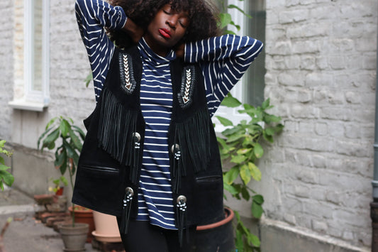 Vintage Suede Fringe Vest Black | Embroidered Western Boho Unisex Waistcoat