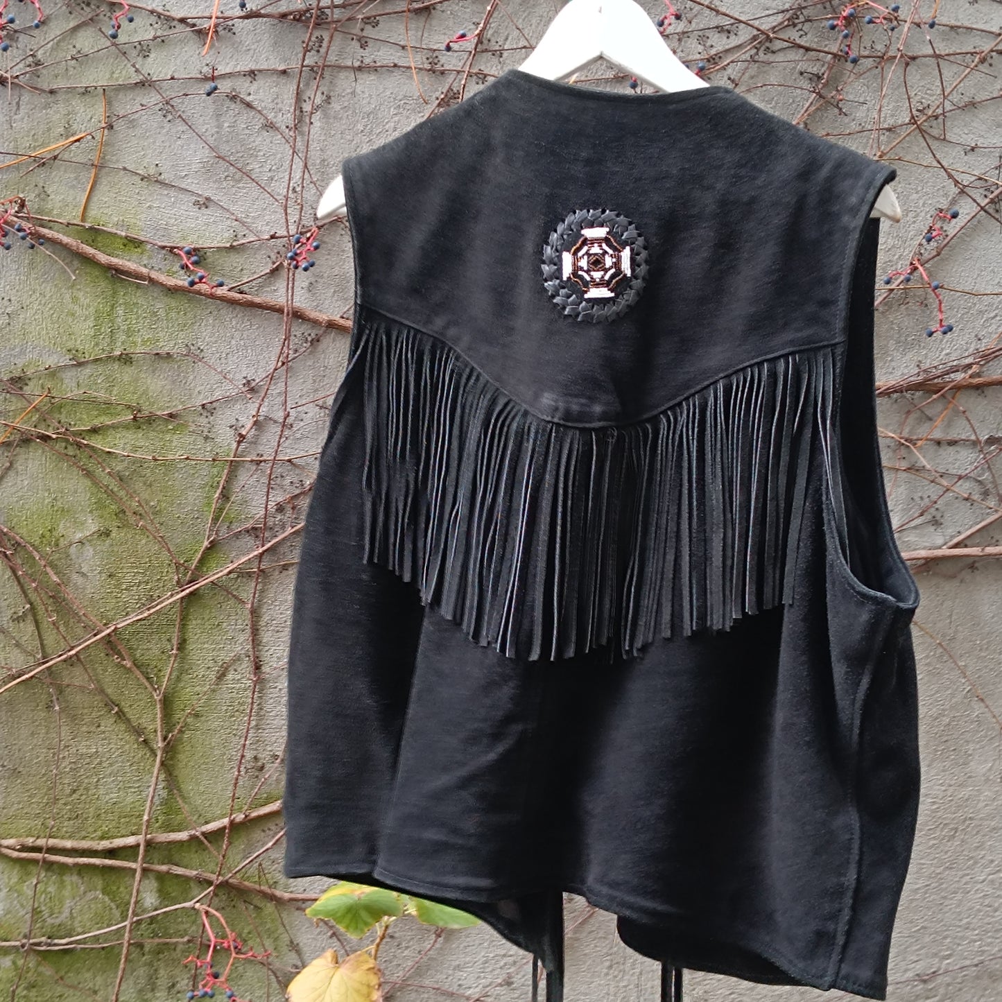 Vintage Suede Fringe Vest Black | Embroidered Western Boho Unisex Waistcoat