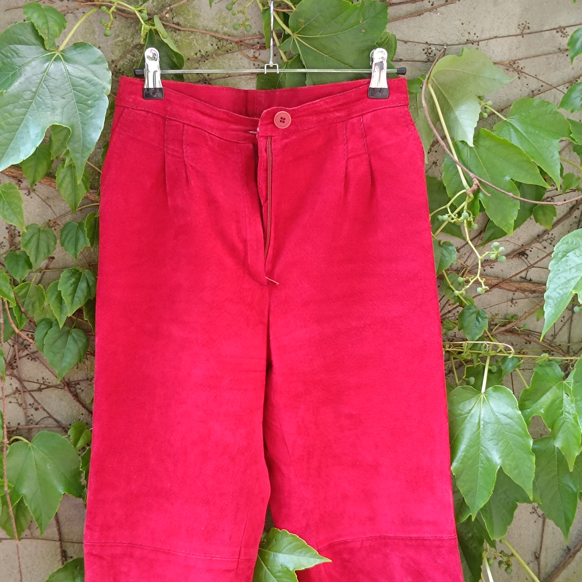 Vintage Suede Trousers - 90s Minimalist Red High Waist Straight Leg XS-S