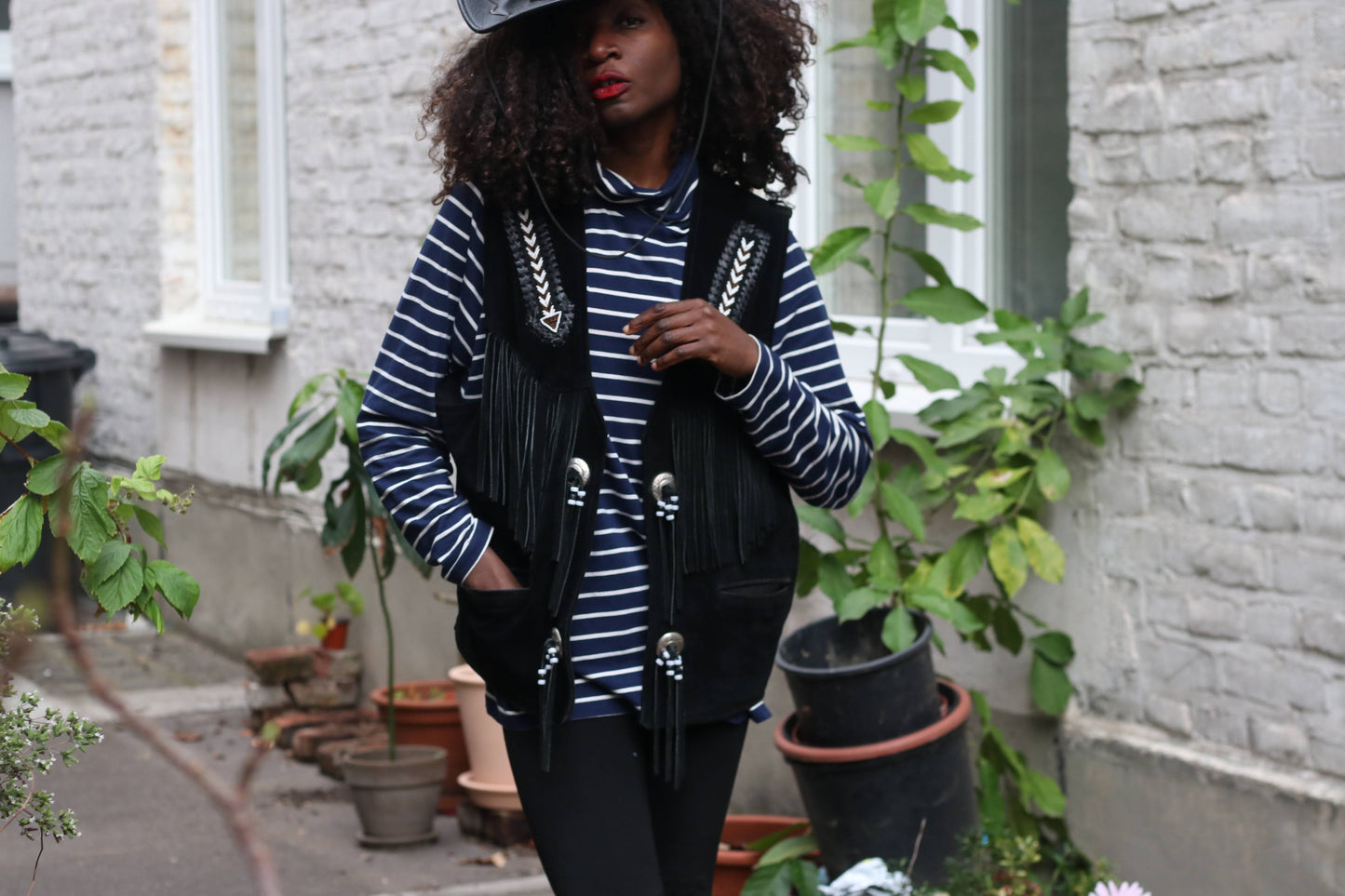 Vintage Suede Fringe Vest Black | Embroidered Western Boho Unisex Waistcoat