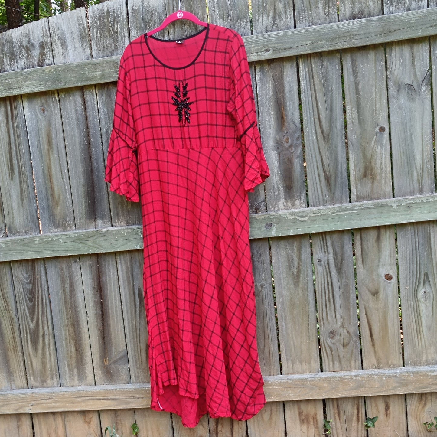 Vintage 1990s Red Plaid Bell Sleeve Maxi Dress
